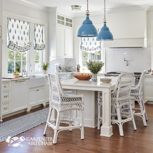 Coastal-style kitchen with blue accents.