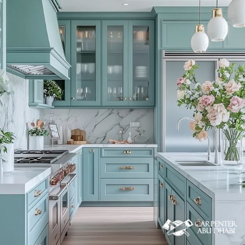 Elegant kitchen with teal cabinets, marble.